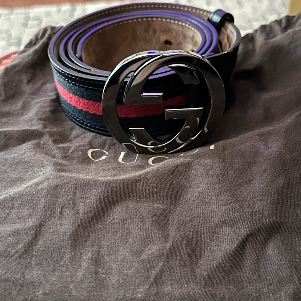 Gucci blue leather web belt with G buckle